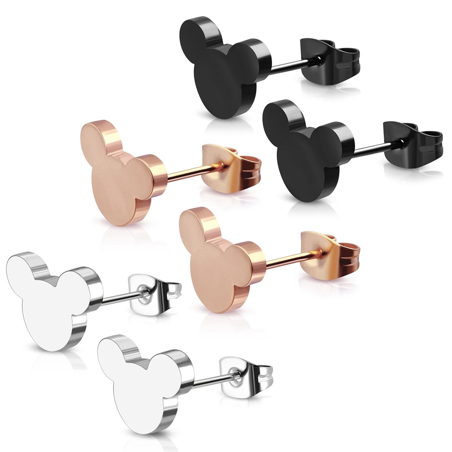 Stainless Steel Tiny Mouse Silhouette Button Stud Post Earrings (Black, Rose, Silver) 3-Color Set