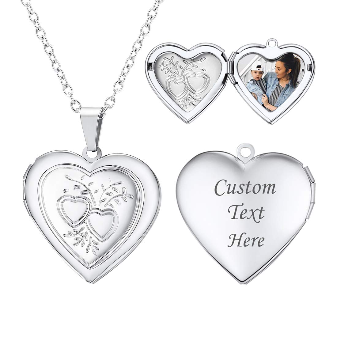 U7 Heart & Heart Locket Necklace That Hold Picture Platinum Plated Link Chain Pendant Memorial Jewelry for Women