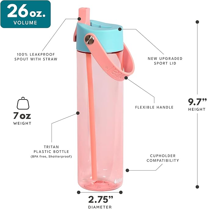 Elemental Splash Water Bottle with Straw - BPA-Free Tritan Plastic Reusable Water Bottle with Strap - Ideal for Travel, Gym and Sports - Leak Proof when Spout is Closed - 26oz - Cotton Candy