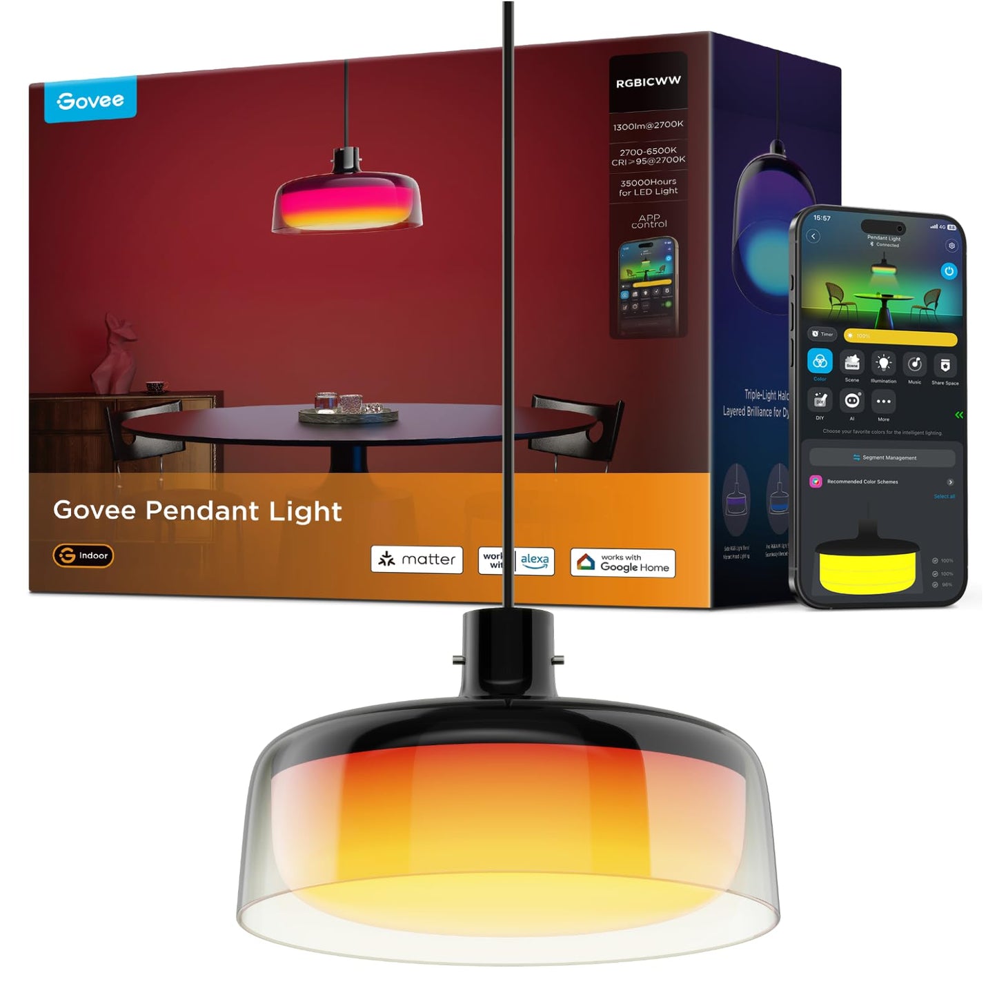 Govee Pendant Light for Kitchen Island, Three-Layer RGBIC Smart Lighting, Matter Compatible, 1300LM 2700K-6500K Dimmable Black Hanging Light Fixture Works with Alexa, Adjustable Height for Dining Room