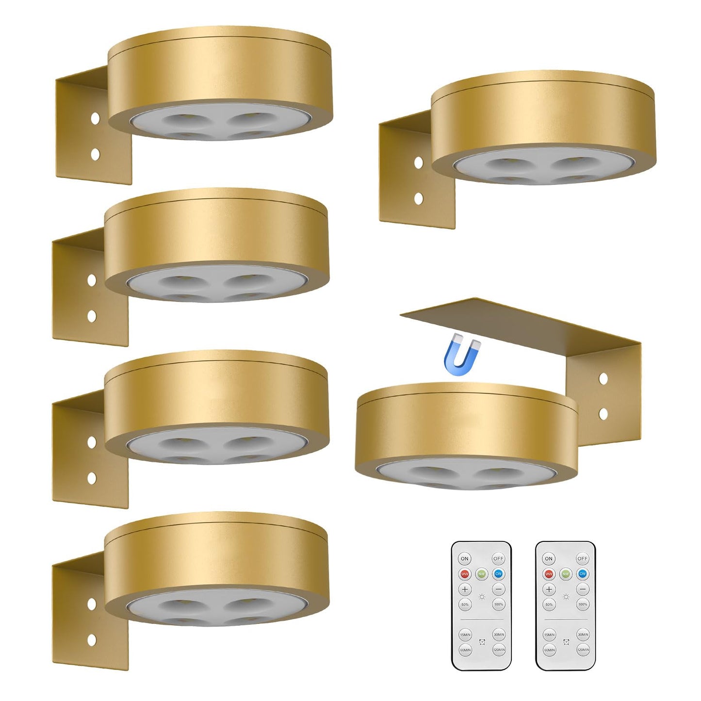 Arixinks 6Pack Wireless Picture Light - Dimmable, Timer, Remote Control - Gold, Battery Operated, Model 4r