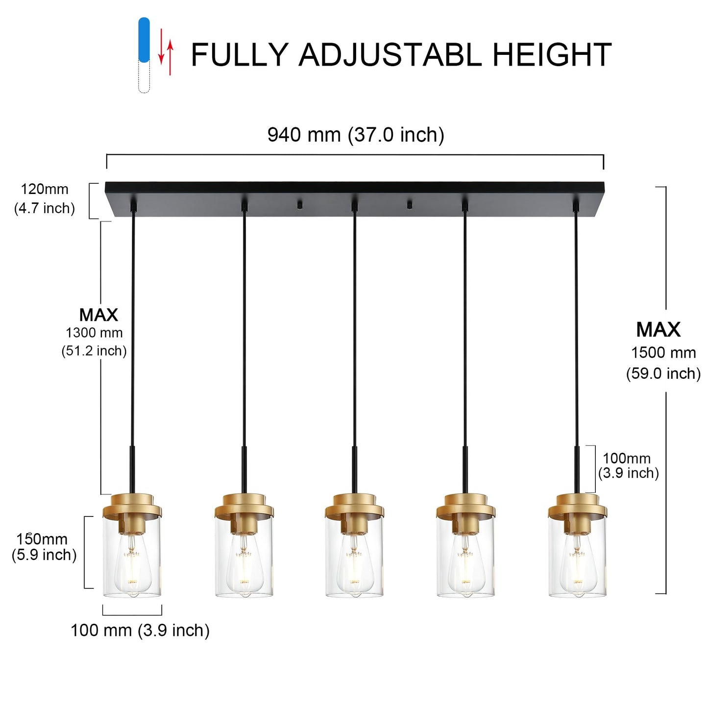 Melucee 5-Lights Adjustable Pendant Light, Black Brass, Modern Chandelier For Dining Room, 40.1 Inches, Clear Glass Shade, Model 4-4501-5D
