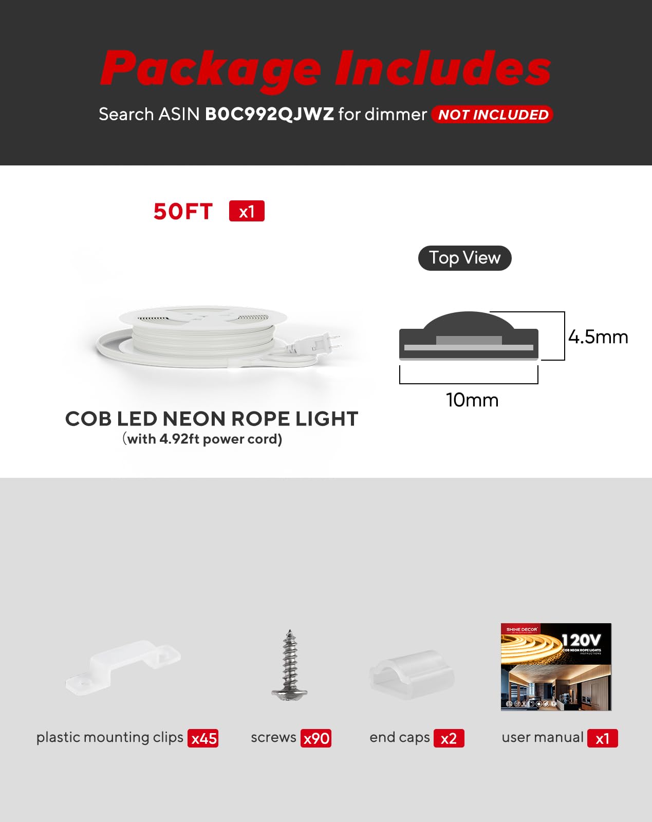 Shine Decor Cob Led Rope Light Ac 120V  800Lm Ultra Bright  Ip65 Waterproof Cold-Resistant Etl Neon Strip  No Driver Tape Lighting For Home Commercial 10X4.5Mm  Red  50Ft