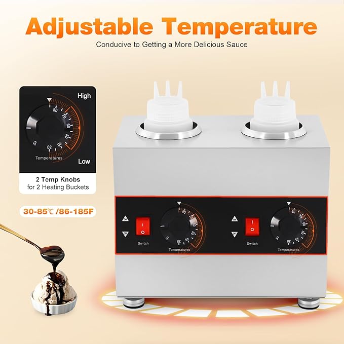 Electric Chocolate Sauce Warmer with 2 Bottles, Adjustable Temp 86-185°F Bottle Warmer Hot, Commercial Cheese & Topping Dispenser, for Fudge, Caramel, Coffee Shops