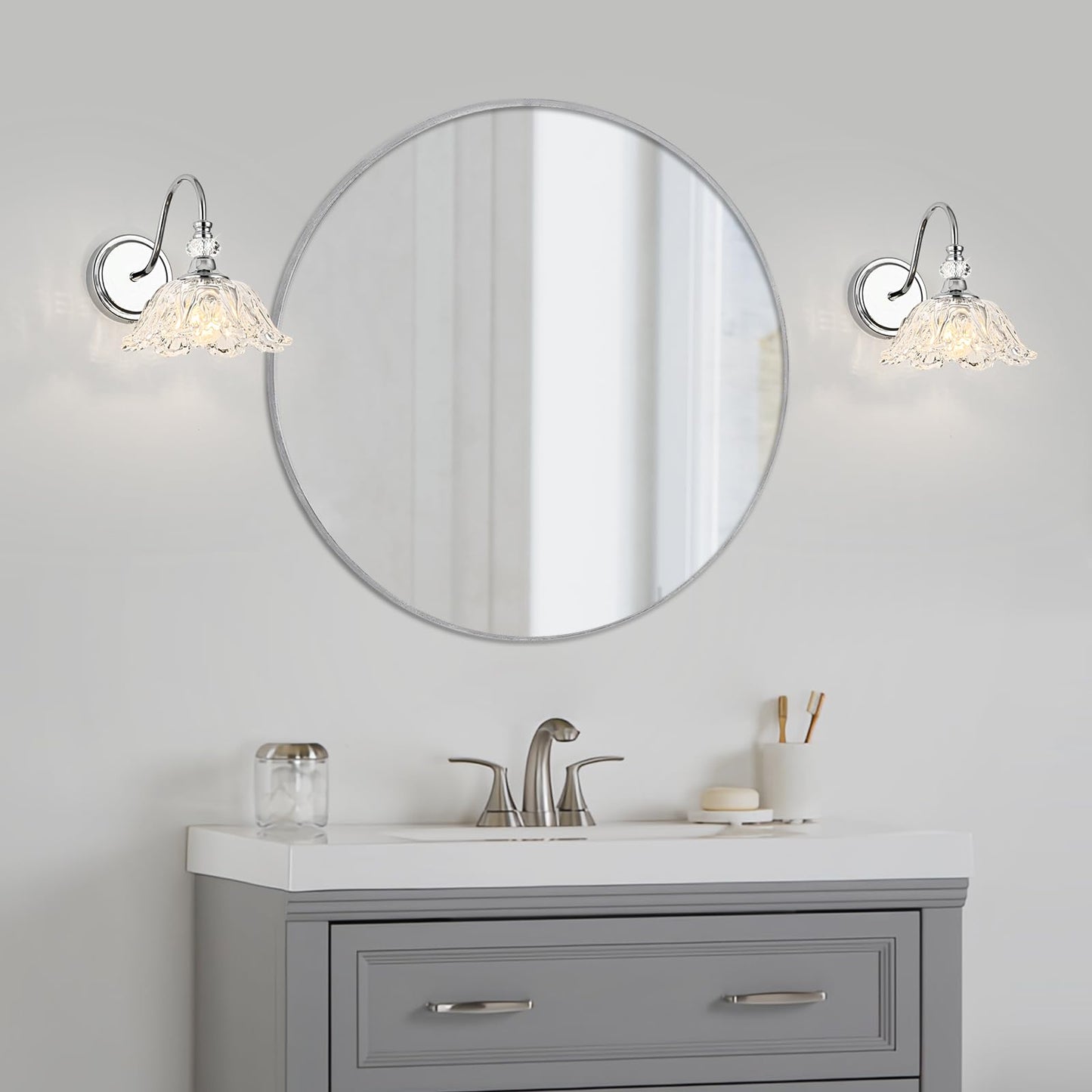 Sunkryster 1 Piece Chrome Wall Sconce With Floral Clear Glass Shade  Modern Wall Mount Lighting For Bathroom Modern Bathroom Vanity Light Fixture