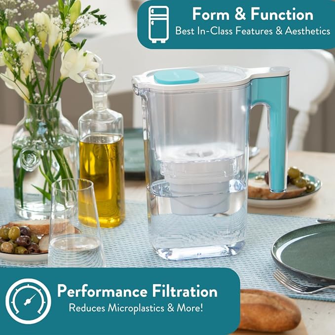 Perfect Pour Large 10 Cup Water Filter Pitcher by Aqua Optima, Reduces Microplastics, Ergonomic, Eliminates Splashes and Spills, BPA Free, NSF Certified, Includes 3 Evolve+ Water Filters, Blue