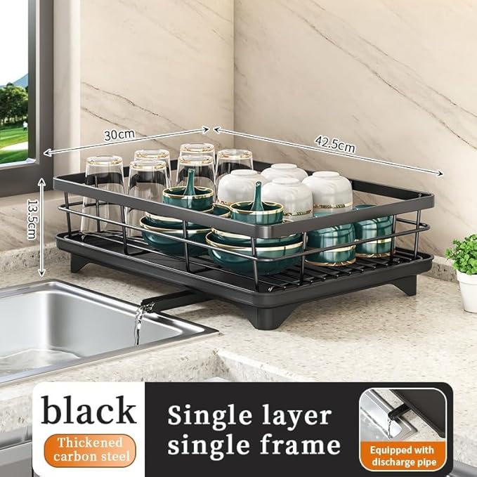 Large Dish Drying Rack - Extendable Dish Rack,Multifunctional Dish Rack for Kitchen Counter,Drying Rack Anti-Rust Dish Drainers with Cutlery & Cup Holders (Black)