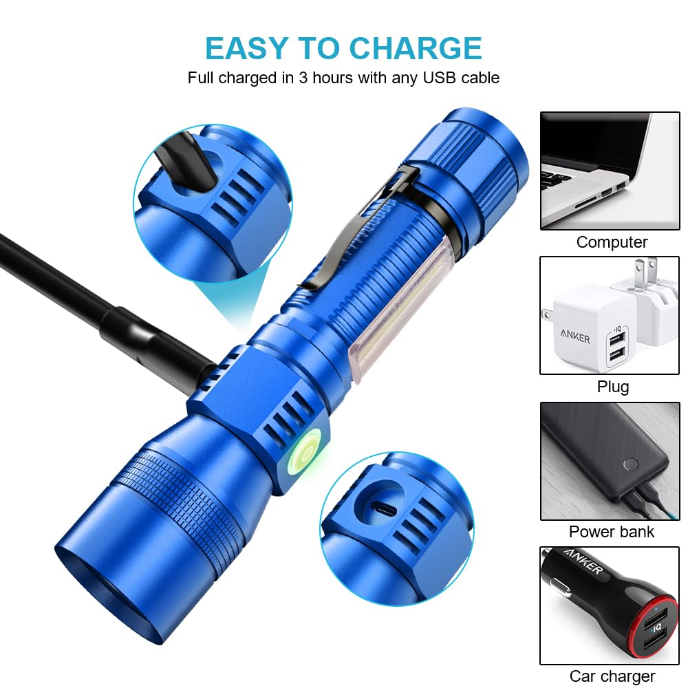 Spriak UV Flashlight Black Light, 2-Pack USB Rechargeable, 7 Modes, Waterproof, Aluminum, Blue, Model 2-Spriak-USB016-2PACKBlue