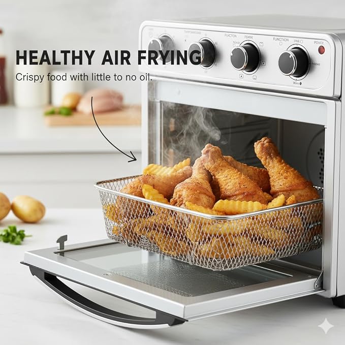 HealSmart 4-in-1 Air Fryer Toaster Oven Combo, 26.4QT Large Capacity Countertop Convection Oven Includes Baking Pan & Fry Basket, Stainless Steel
