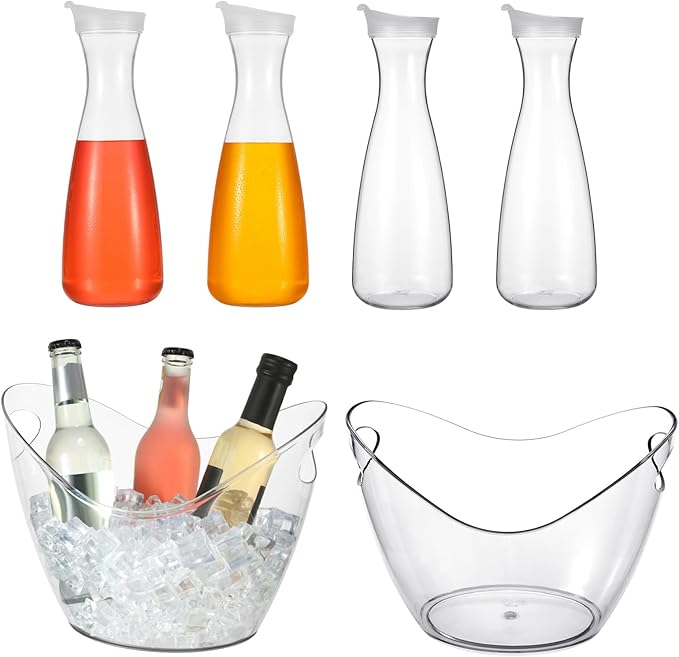 Funnymoom 6 Pcs Acrylic Ice Bucket for Parties 4l Oval Beverage Tub 47 oz Plastic Water Carafes with Lids Plastic Pitcher ...