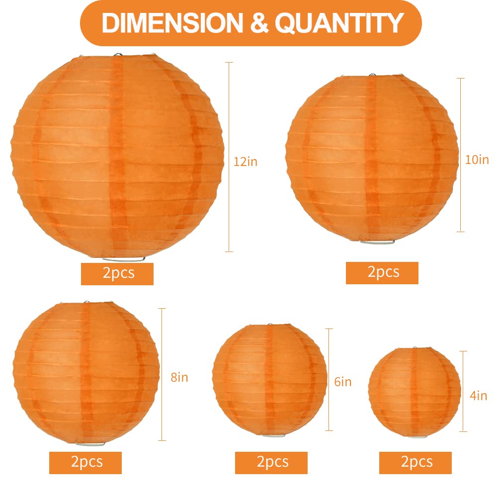BEISHIDA Orange Paper Lanterns, 10 Packs, 4-12 Inch, Metal, Decorative Hanging Lanterns for Birthday, Wedding, Halloween, Home Decor