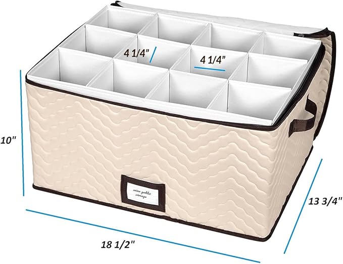Wine Glass Storage Box with Dividers - Stemware Storage Case, Durable Quilted Microfiber Bin with Carry Handles, Protects Fine China - Durable Quilted Microfiber Bin with Carry Handles (1 Pack, Red Wine Glass)