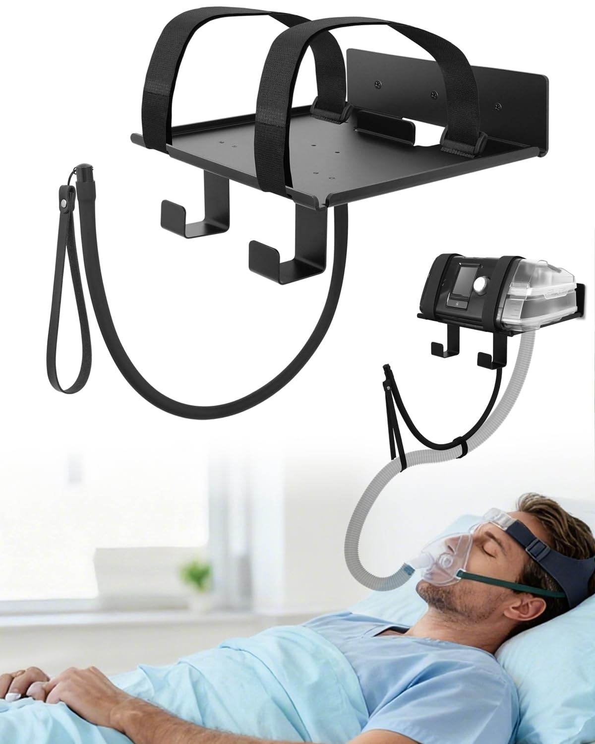Wall Mount for CPAP Machine Compatible with ResMed AirSense 10 Lightweight Aluminum Design with Anti Slip Straps and Hose Management Hook Bedside Organizer Non Medical Device