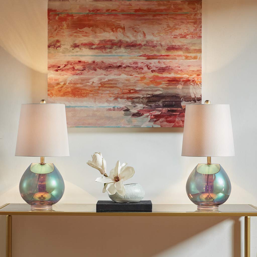 510 DESIGN Ranier Glass Table Lamp, 10inDia x 19.5inH, Iridescent Fabric Shade, Rotary Switch, Model 5DS153-0023