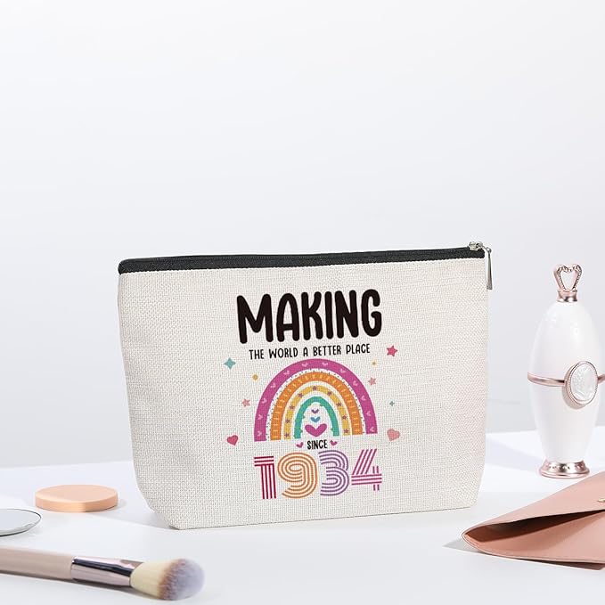 90th Birthday Gifts for Women, 90 Years Old Birthday Gifts Makeup Bag for Mom, Grandma, Travel Toiletry Makeup Organizer Zipper Pouch - Making The World a Better Place Since 1934