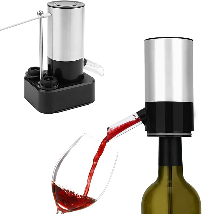 KITCHENDAO Rechargeable Electric Wine Aerator Dispenser and Wine Saver Pump, Automatic Wine Pourer with USB-C Cable, Storage Base and 2 Stoppers, Built-in Sound Indicator