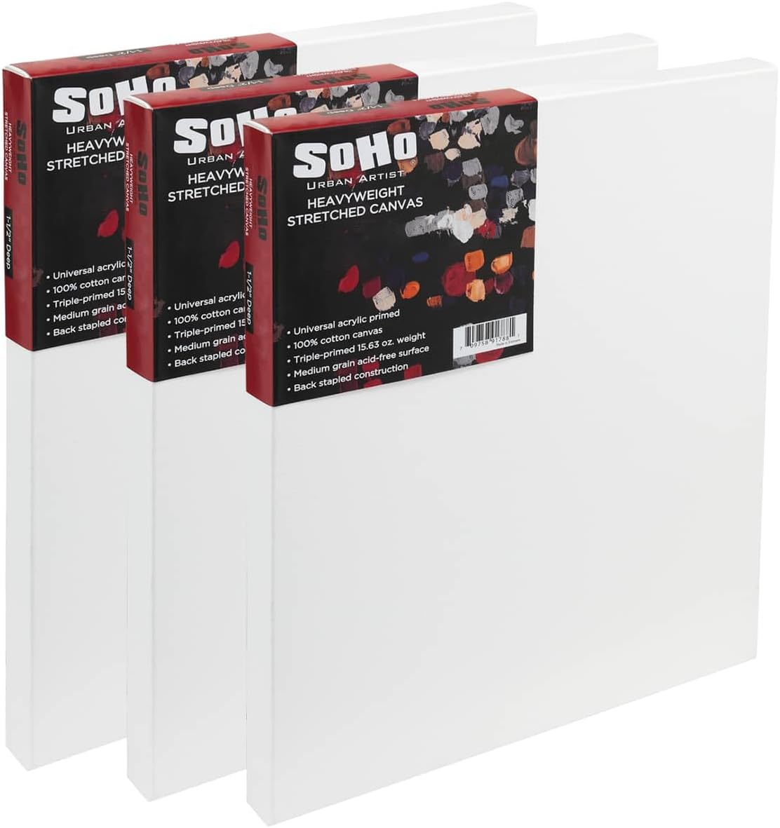 SoHo Urban Artist, 10x20 Heavyweight Stretched Cotton Canvas for Painting - 1.5" Deep- 3 Pack, Triple Primed, 100% Cotton Canvas, Archival, Universal Primed for Oil, Acrylic, Alkyd, Mixed Media