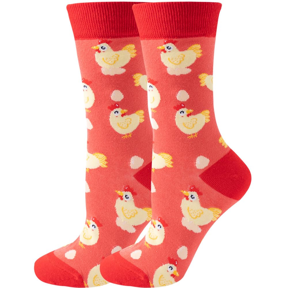 Angelteers 5 Pairs Cute Animal Crew Socks Fun Casual Cotton Calf Socks for Women (US, Alpha, One Size, Regular, Regular, Chicken)