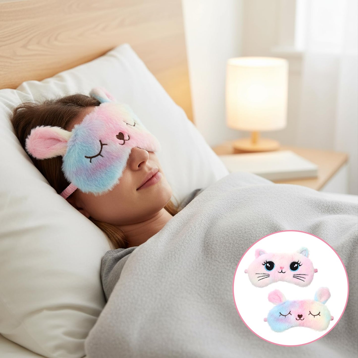 Plush Sleep Mask, 2 Pcs Cute Soft Sleeping Eye Mask Colorful Plush Eye Covers for Sleeping Comfortable Funny Animal Night Sleep Masks for Women Home Travel Sleepover Party (Cat, Rabbit)