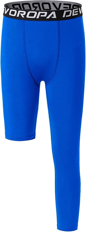 DEVOROPA Youth Boys One Leg Compression Pants for Basketball 3/4 Leggings Sports Tights Kids Athletic Soccer Base Layer
