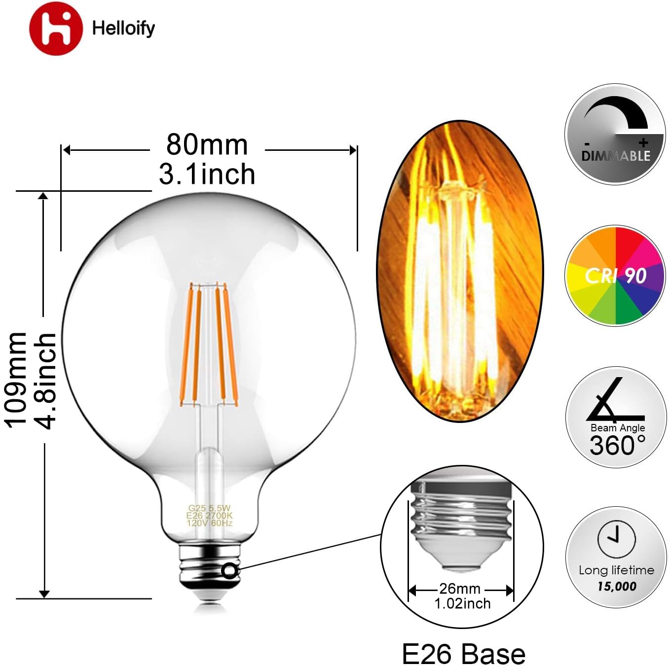 Helloify Vintage LED Edison Bulbs, 60W Equivalent, Dimmable, 500 Lumens, Clear Glass, G25, Soft White 2700K, Pack of 4
