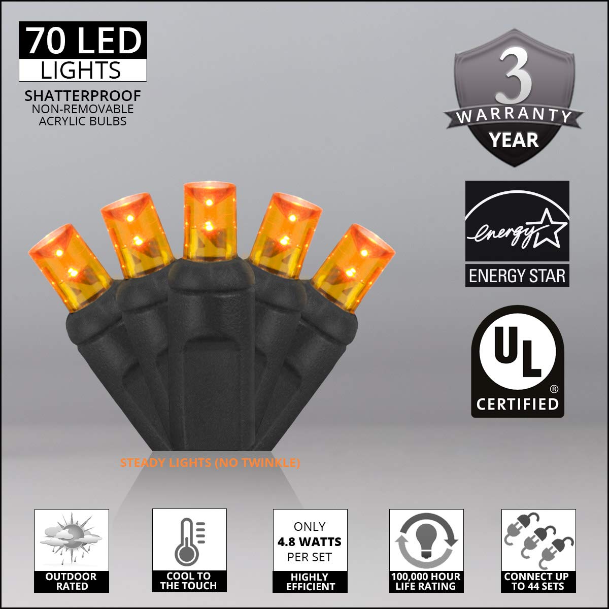 Wintergreen Lighting LED Mini Light Set, 70 Amber/Orange Lights, 24 ft, Indoor/Outdoor, UL Certified, Black Wire, Model IOS-2-35-2