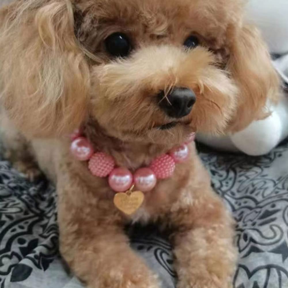 RayMinsino Cute Teddy Dog Pearl Necklace Pink Heart Pendant Pet Collars Dog Clothing Accessories Small and Medium-Sized Dog Collars (9.8-12.6in)