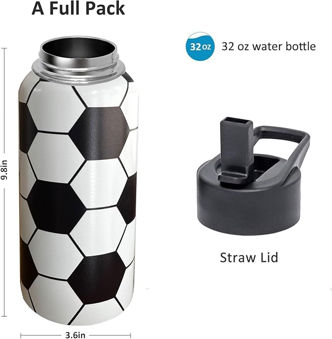32 oz Soccer Water Bottle Insulated Vacuum Stainless Steel Sports Water Bottle with 2 Lids (Straw and Spout Lid) for Gym Camping Hiking