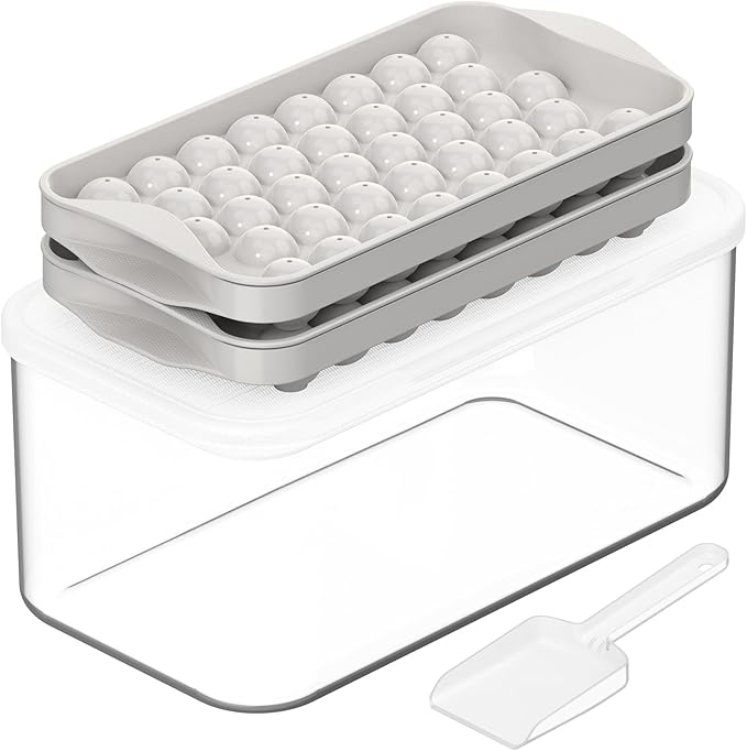DOQAUS Round Ice Cube Trays with lid and Bin, 2 Pack Easy Pop Out Ice Trays for Freezer with Cover, Compact Circle Ice Cube Trays for Frezzer, Sphere Ice Cube Tray with Storage Ice Bucket Kits, Scoop