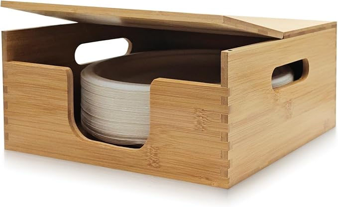 Bamboo Paper Plate Storage,Paper Plate Holders and Dispenser,fit for Kitchen Wall, Countertop and Under Cabinet 8-10in Plates