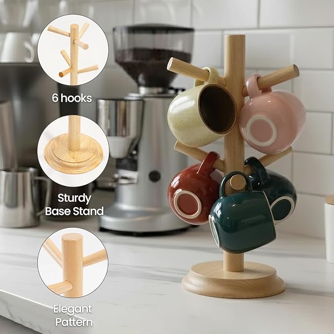 Mug Tree Set of 2 | 13.5"x7"x7", 6 Hooks Cup Holder with Thick Rubberwood Base, Wooden Coffee Mug Holder Stand for Countertop, Kitchen Table, Cup Organizer Rack for Mugs or Utensils (Natural)