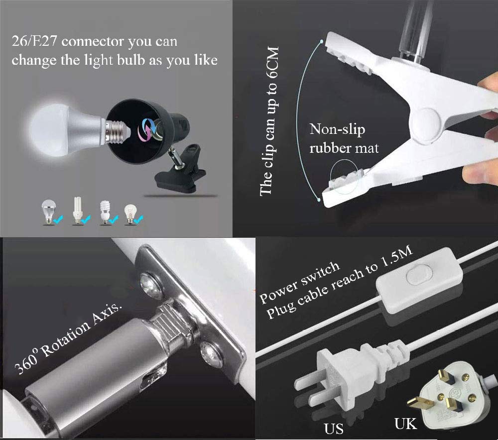 Sun-Rising Clip on Lamp - 360° Rotation, Portable Book Reading Light, 4.53inx4.53inx3.5in, Metal, Red, Model SUN-88