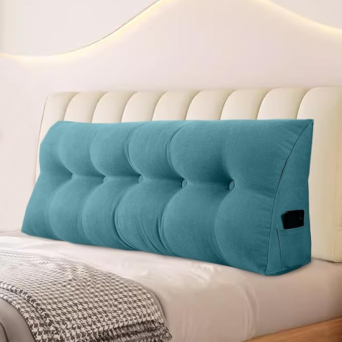 Large Triangular Headboard Pillows Long Backrest Positioning Support Bolster Cushion for Daybed Fluffy Quality Plush Body Wedge Pillow with Removable Cover(Light Blue-Cal King-71x8x20 in)