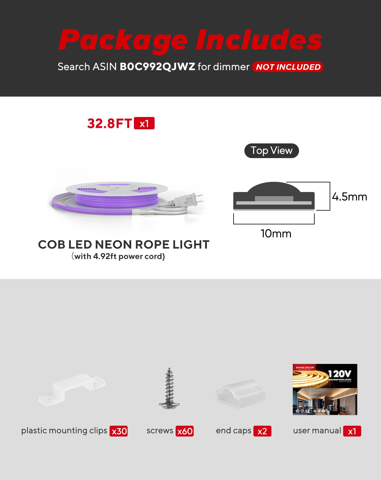 Shine Decor Cob Led Rope Light Ac 120V  800Lm Ultra Bright  Ip65 Waterproof Cold-Resistant Etl Neon Strip  No Driver Tape Lighting For Home Commercial 10X4.5Mm  Purple  32.8Ft