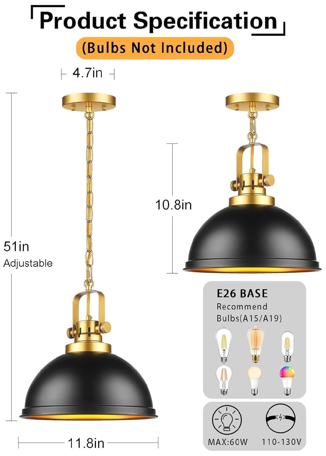 Mgcanyu 2-Pack Black Gold Pendant Lighting  Farmhouse Metal Pendant Lights Modern Matte Black Dome Industrial Light Fixture For Kitchen Island Restaurant Dining Room Hallway Entrance