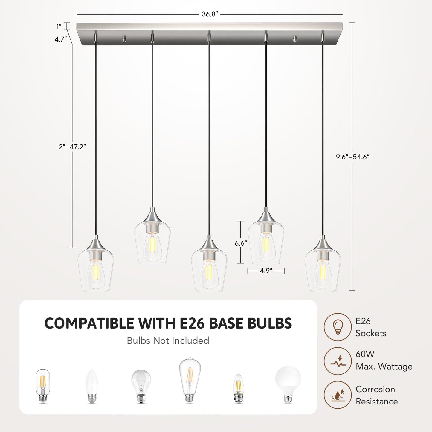 Vonluce 5-Light Pendant Light Kitchen Island  Pendant Light Fixture With 10-55 Height  Modern Pendant Lighting With Wine Glass Shades For Living Room Hallway  Brushed Nickel  Etl Certificated
