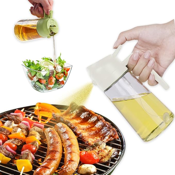 Oil Spray Bottle, 2 in 1 Oil Dispenser and Oil Sprayer, 16 oz Premium Glass Oil Sprayer for Cooking, Food Grade Oil Spray Bottle for Air Fryer, Salad, BBQ
