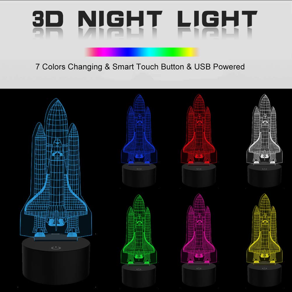 YKLWORLD Rocket Night Light 3D Illusion Lamp LED Touch Sensor USB Desk Lamp for Kids - 7 Color Changing, Space Shuttle Design