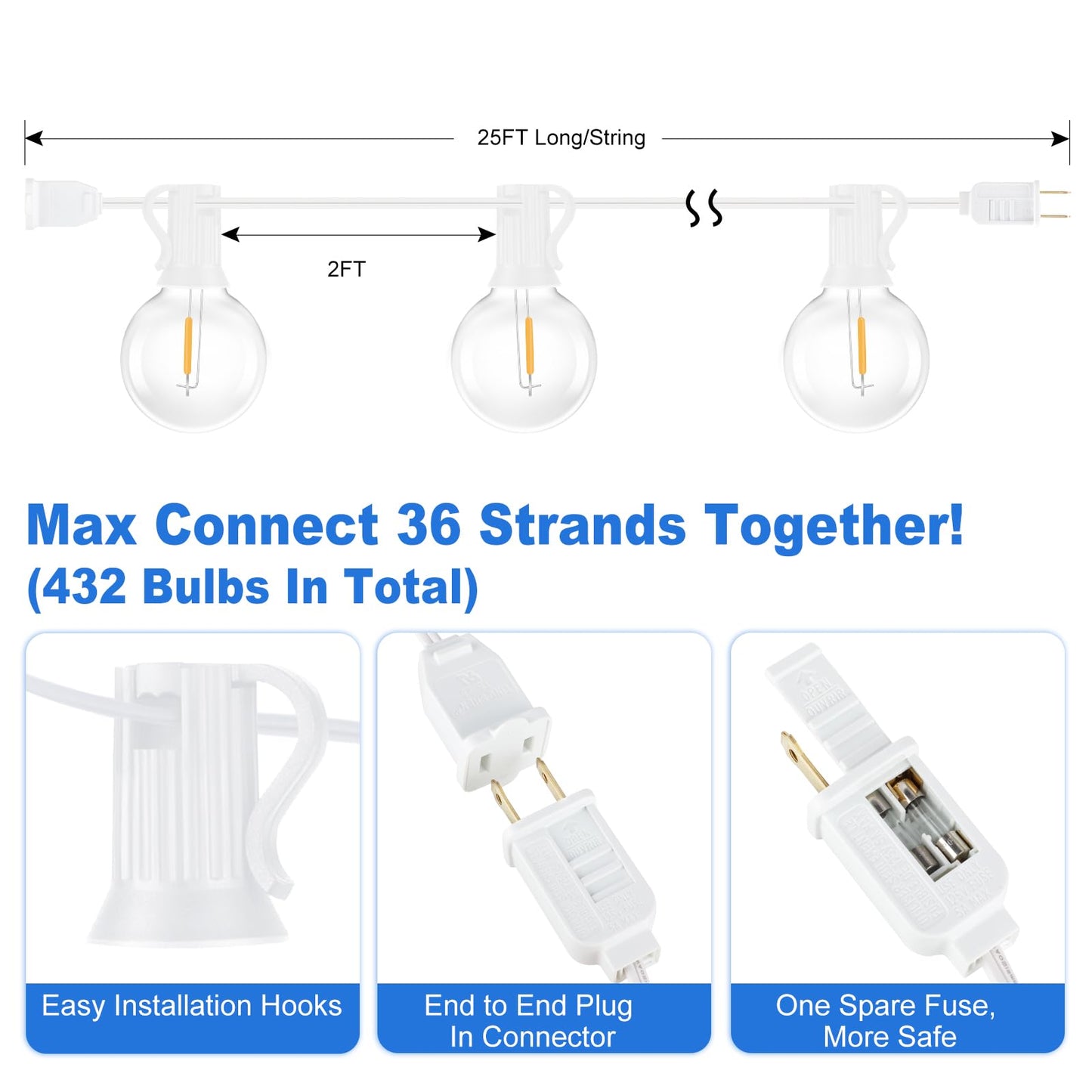 Bosceos G40 LED Globe String Lights - 25FT Dimmable, Shatterproof, Waterproof, White Wire, Model GYPC-O12LAU