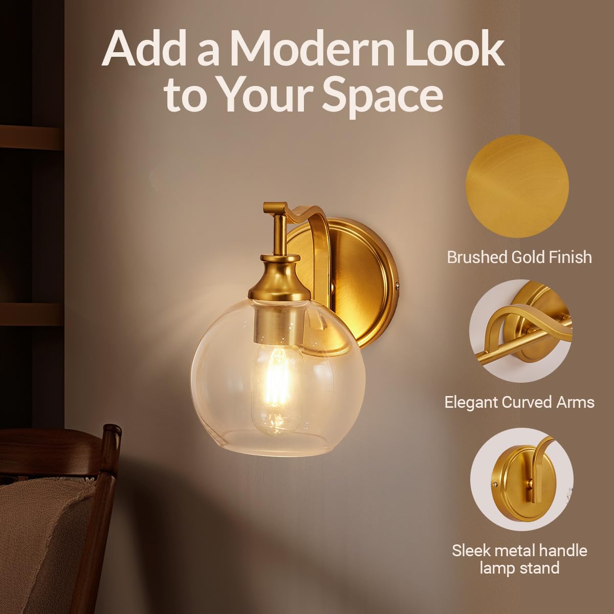 Andy Star Brushed Gold Bathroom Light Fixtures  Brass Vanity Lights For Mirror  1-Light Bathroom Wall Sconces Lighting With Globe Clear Shade Up Or Down Wall Mounted For Kitchen  Living Room  Hallway