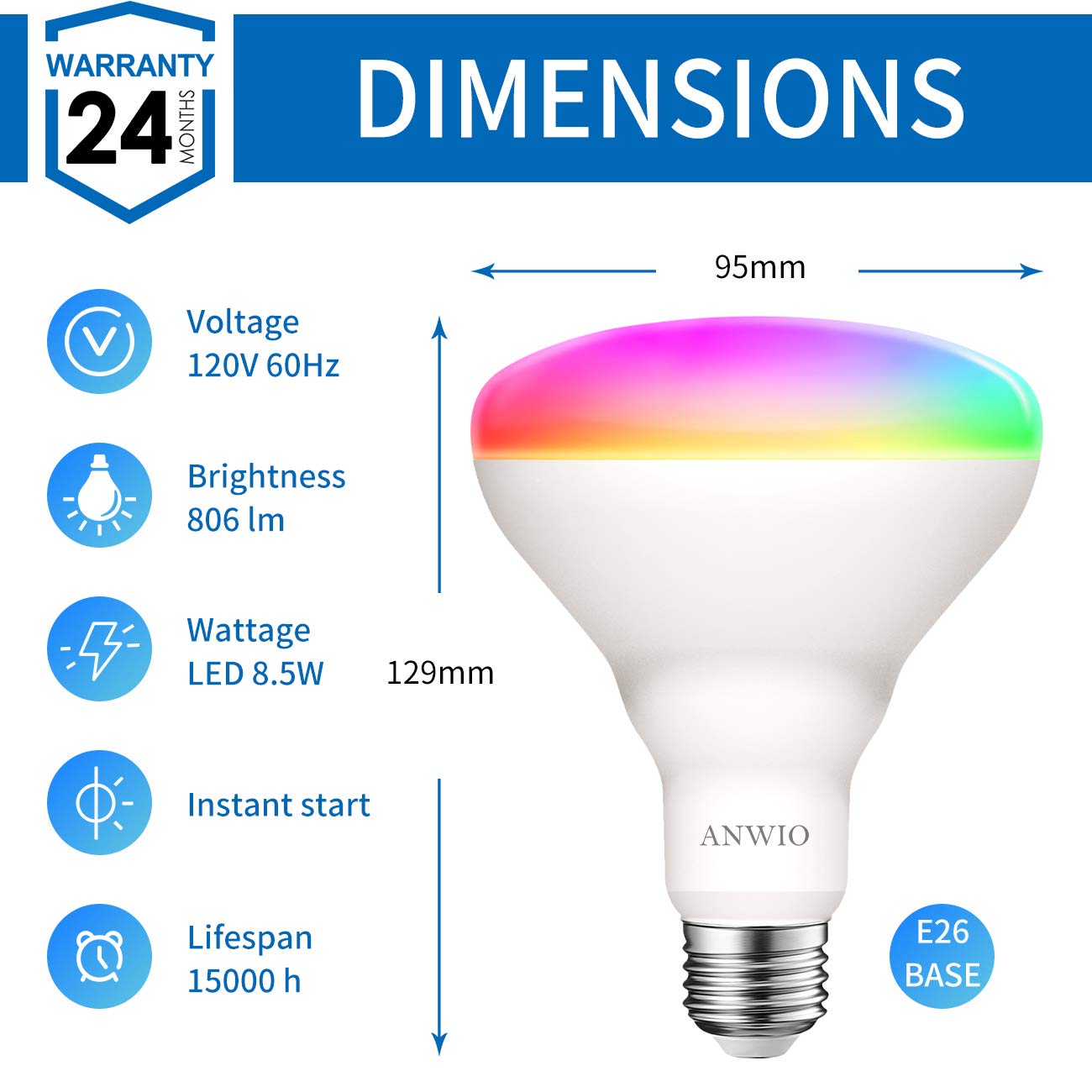 ANWIO Smart Light Bulb BR30 RGB LED WiFi Dimmable E26 Base 8.5W 650 Lumen 2 Pack