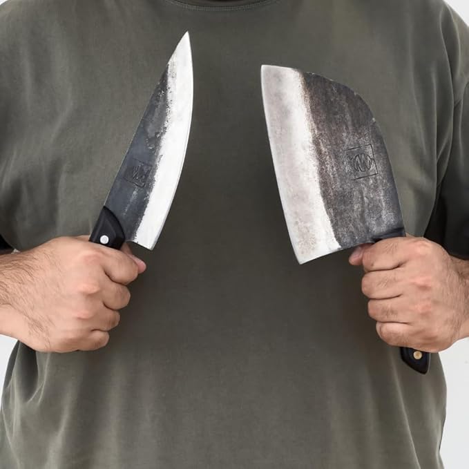 COOLINA Knife Set – Promaja Hand-Forged Butcher Knife & Tungsten Chef Knife Bundle – Full Tang Carbon Steel Cleaver and Cooking Knife with Wooden Handles – Professional Kitchen & BBQ Knives