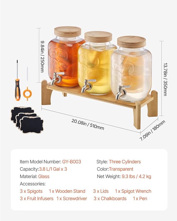 VEVOR Beverage Dispenser, 3 Pack 1 Gallon Drink Dispensers for Parties, Glass Juice Dispenser with Wood Stand, Stainless Steel Spigot, Infuser, Iced Tea Lemonade Juice Water Dispensers for Parties
