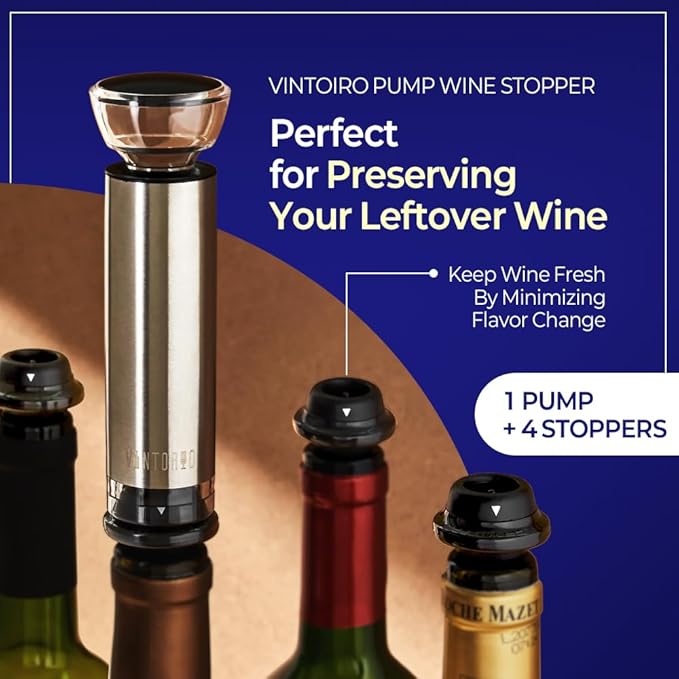 Vintorio Vacuum Wine Saver Pump with 4 Reusable Bottle Stoppers