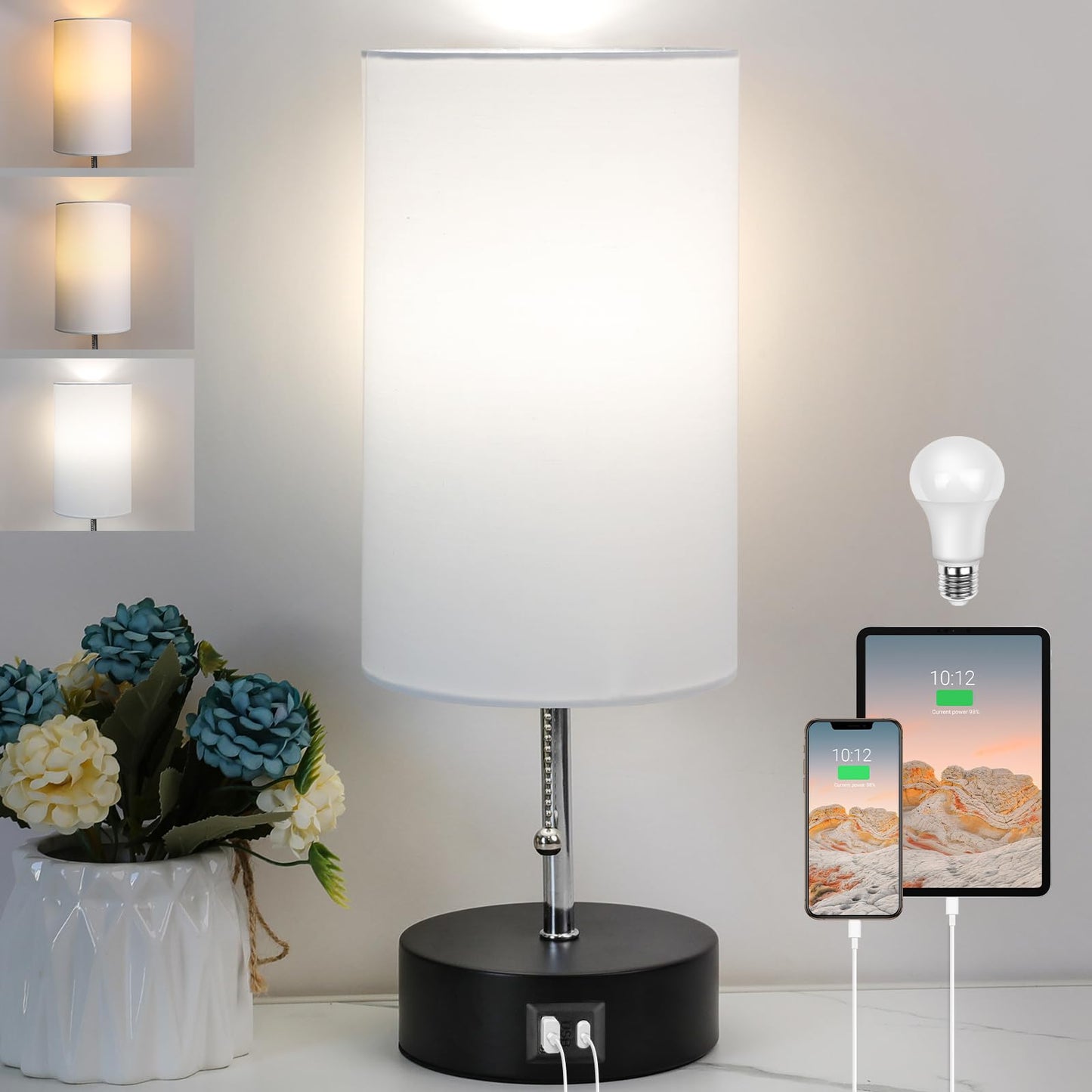 ROTTOGOON Bedside Lamp with USB Port & AC Outlet, 3-Color Temperature, White, Metal
