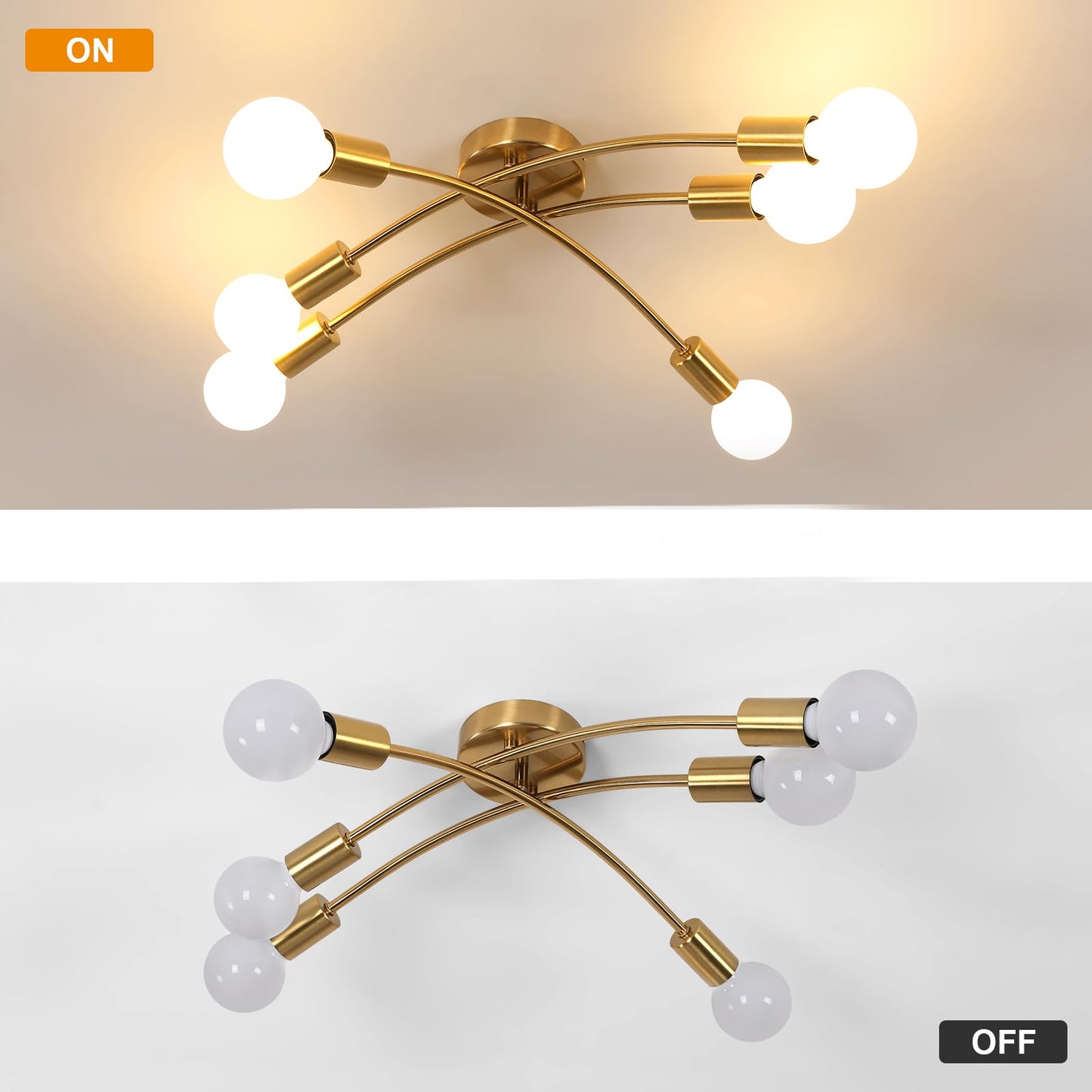 Tealight Gold Sputnik Ceiling Light Fixture  Modern 6-Light Sputnik Chandelier With 350 Rotatable Arms  E26 Bulb Compatible For Living Room  Bedroom  Dining Room - Stylish Home Decor Lighting