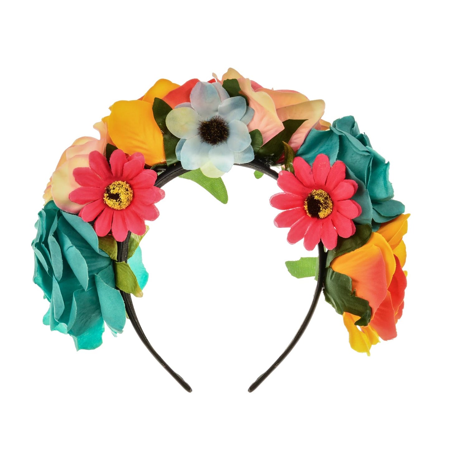 June Bloomy Mexican Flower Headband Halloween Cinco De Mayo Party Costume Day of The Dead Headpiece(Peach Orange Blue)