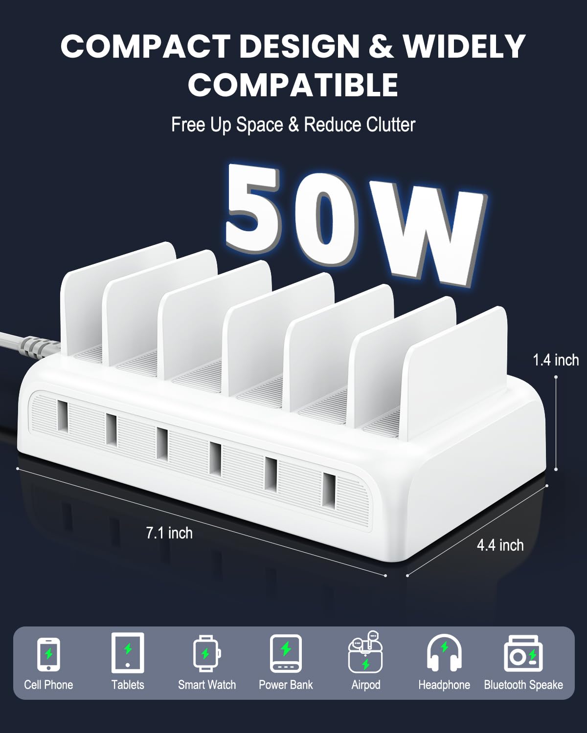 Charging Station For Multiple Devices, Honcila 50W 6 Port Fast Charger Stations For Iphone, Ipad, Cell Phone, Tablet, Multi Devi
