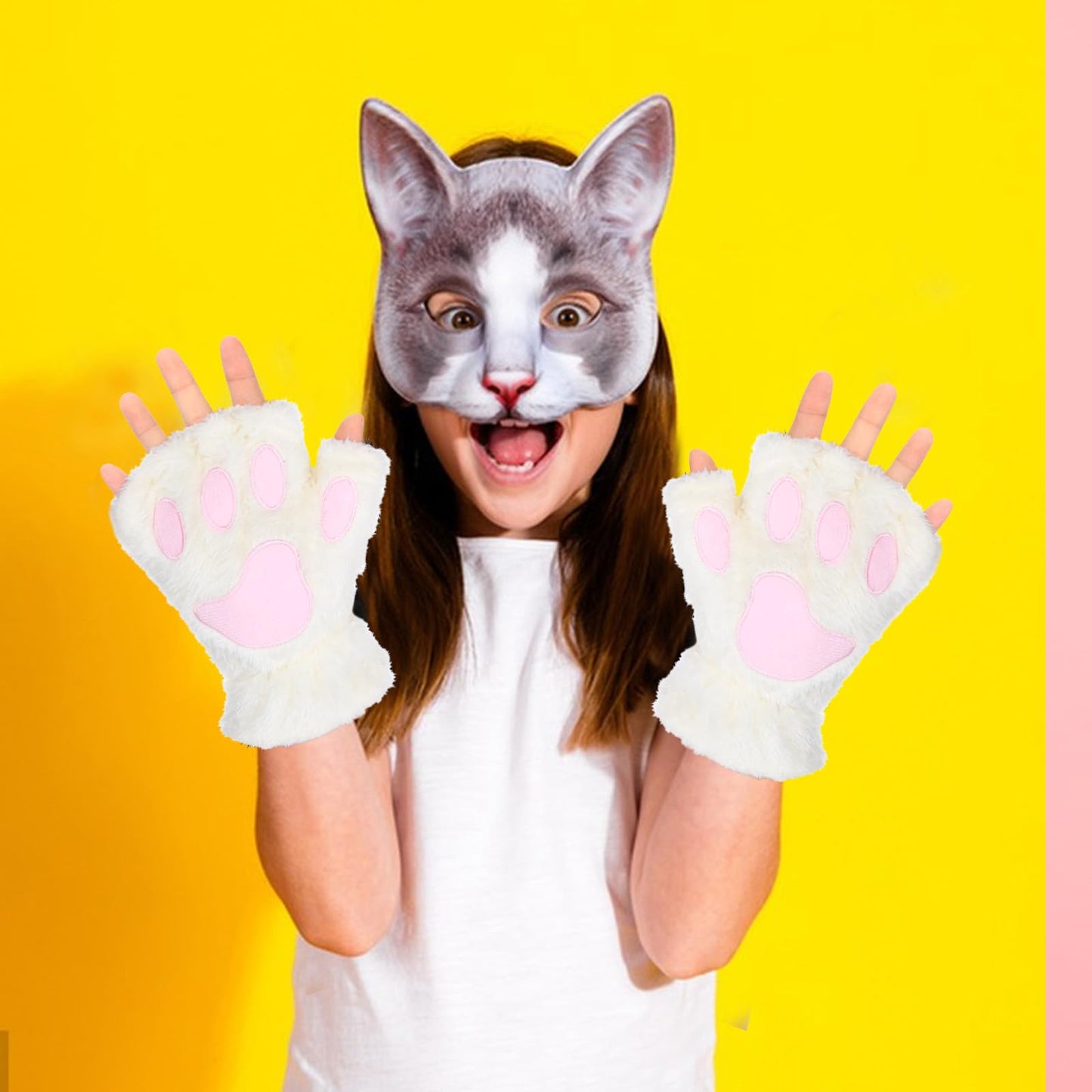 WLLHYF Cat Paws Gloves Fingerless Bear Furry Paw Cute Hand Gear Winter Warm Gloves Halloween Cosplay Costume Accessories (White)