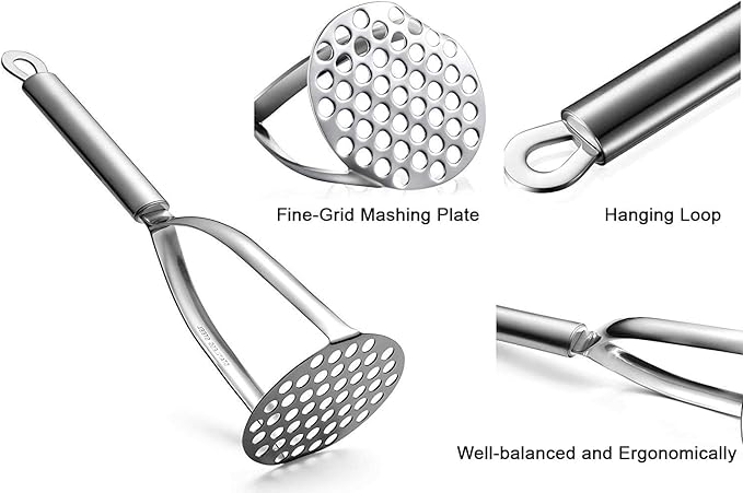Potato Masher, Heavy Duty Potato Smasher with Durable Sturdy Grips, Potato Masher Stainless Steel for Efficiently Making Mashed Potatoes,Egg Salad, Banana Bread, Vegetables and Fruits